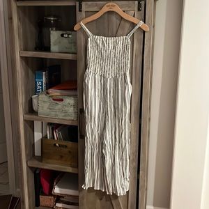 GARAGE White/Navy Pinstripe Spaghetti Strap Pants Romper with Pockets,Size XS